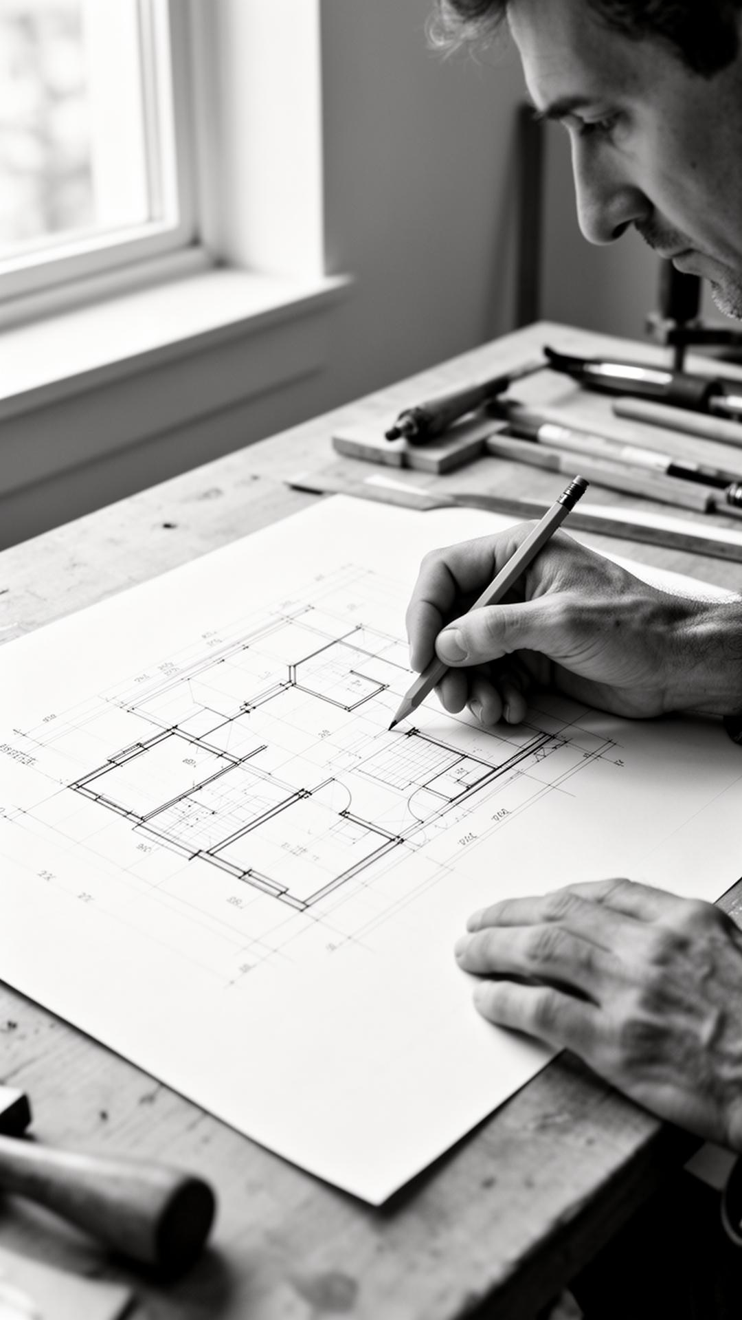 Schets en plattegrond op de tekentafel